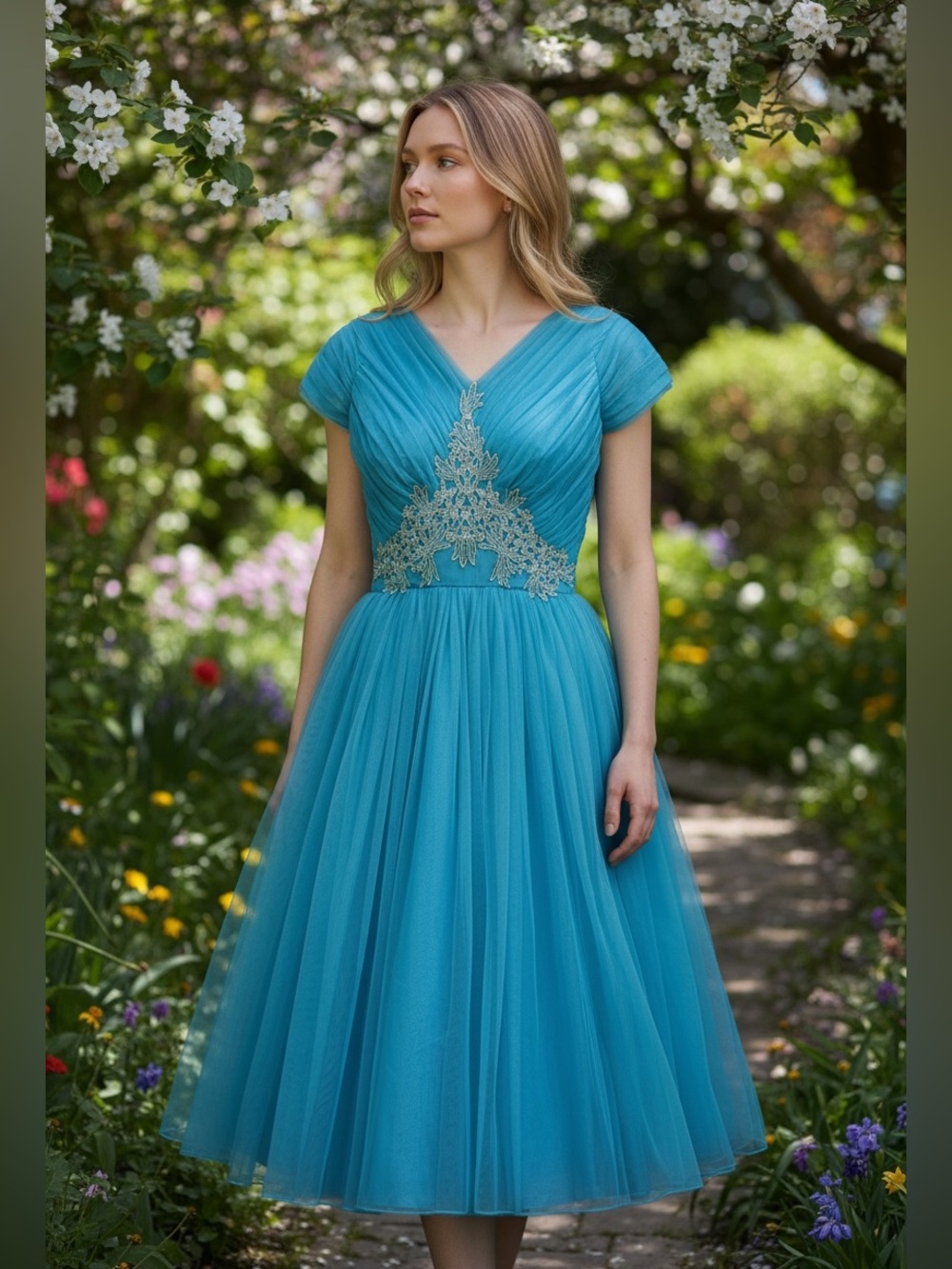 Turquoise Peacock Blue Full Skirt Chiffon Party Dress / XS S / Vintage 50s 60s
